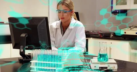Image of medical data processing against caucasian female scientist using Foto stock