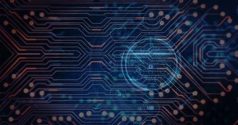 Image of medical data processing and processor socket over dark background Foto stock