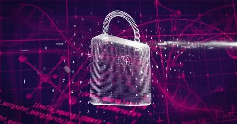 Image of medical data processing and padlock over dark background 写真素材