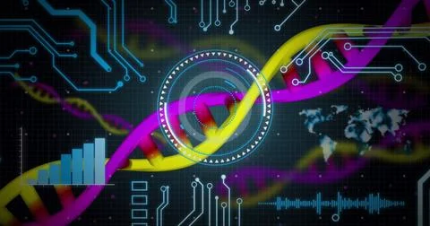 Image of medical data processing and processor socket over dark background Foto stock