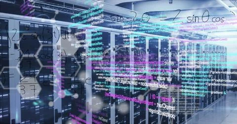 Image of medical data processing and mathematical equations against computer Stock Photos
