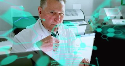 Image of medical data processing on caucasian senior male scientist using Stock Illustration