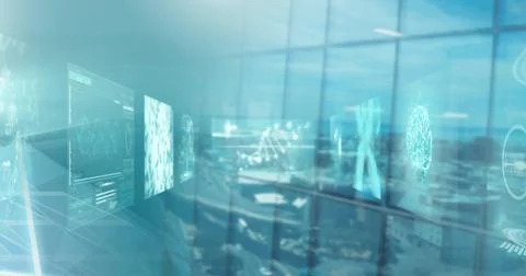 Image of medical data processing on computer screens over cityscape 写真素材