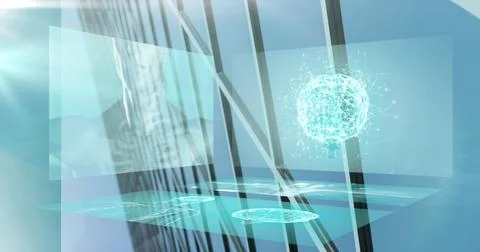 Image of medical data processing with human brain over modern building and Foto stock