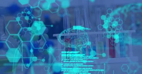 Image of medical data processing, human brain, molecules and chemical compound Foto stock