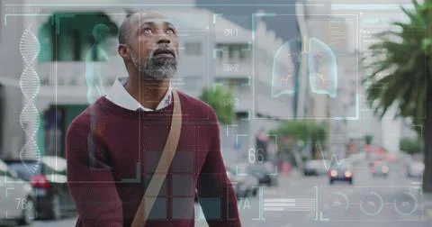 Image of medical data processing over african american man walking with bike in Stock Illustration