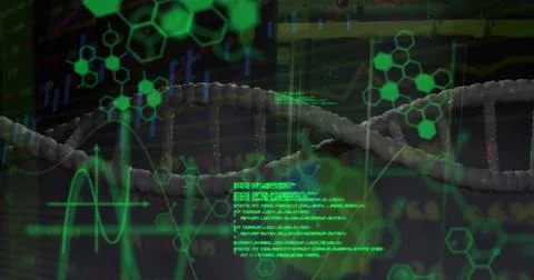Image of medical data processing over dna on dark background Illustrazione stock