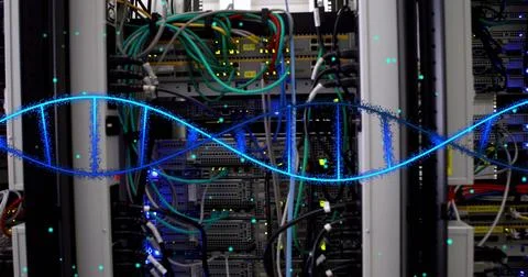 Image of medical data processing over server room 库存插图