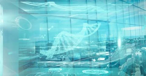 Image of medical data processing over modern building and cityscape Stock Photos