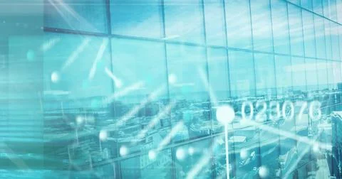 Image of medical data processing over modern building and cityscape Stockfoto's