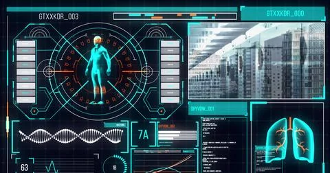 Image of medical data processing over cityscape and computer servers Stock Photos