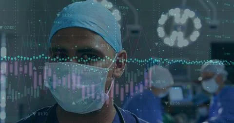 Image of medical data processing over female caucasian surgeon in operating Foto stock