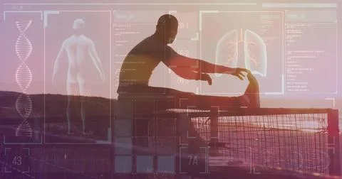Image of medical data processing over african american man exercising at beac Stock Photos