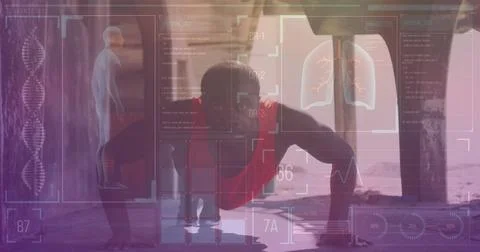 Image of medical data processing over african american man exercising at beac Foto stock