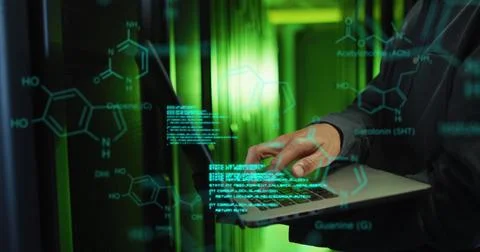 Image of medical data processing over mid section of male engineer using laptop Stock Photos