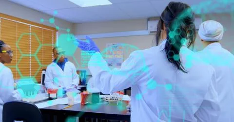 Image of medical data processing over group of diverse scientists discussing at Foto stock