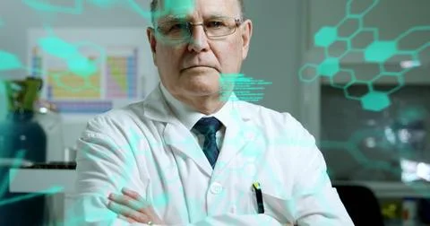 Image of medical data processing over caucasian senior male scientist smiling at Stock Photos