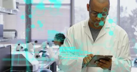Image of medical data processing over biracial male scientist using digital Foto stock