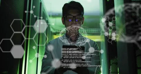 Image of medical data processing over asian male engineer using digital tablet 스톡 사진