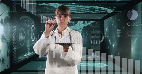 Image of medical data processing over female doctor using tablet and interactive Stock Photos