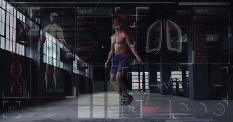 Image of medical data processing over man uping with jumping rope Stock Photos