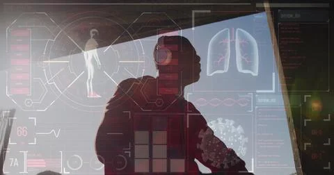 Image of medical data processing over african american man with headphones Stock Photos
