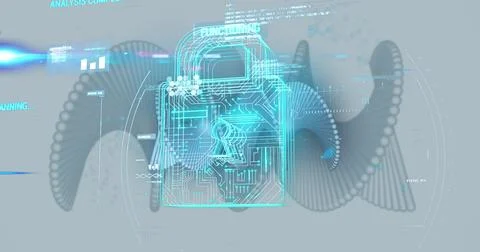 Image of medical data processing with padlock over white background 스톡 사진