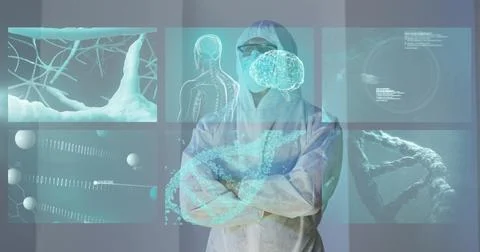 Image of medical data processing on screens over caucasian man in face mask and 스톡 사진