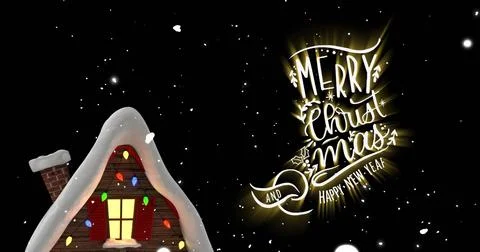 Image of merry christmas text and snow falling over house in winter scenery Ilustração Stock