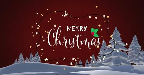 Image of merry christmas text and snow falling over winter scenery Ilustração Stock