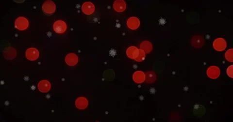 Image of merry christmas text over snow falling in christmas red lights Ilustração Stock