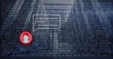 Image of message and binary code over servers 库存照片
