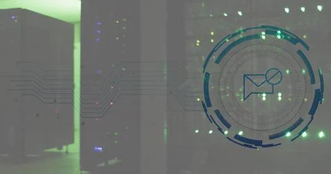 Image of message block icon over round scanner against computer server room Stock Photos