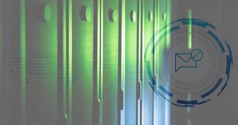 Image of message block icon over round scanner against computer server room Stock Photos