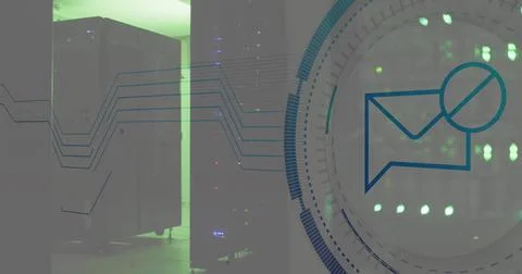 Image of message block icon over round scanner against computer server room Stock Photos