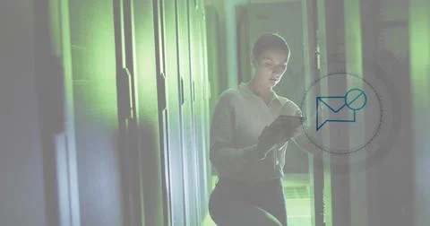 Image of message block icon over caucasian female engineer using digital ta.. Stock Photos