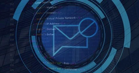 Image of message block icon on round scanner and data processing against tall Stock Illustration
