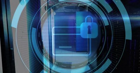 Image of message block icon on round scanner and light trails against computer 스톡 일러스트