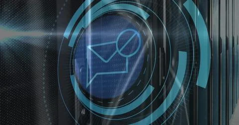 Image of message block icon on round scanner and light spot against computer Stock Illustration