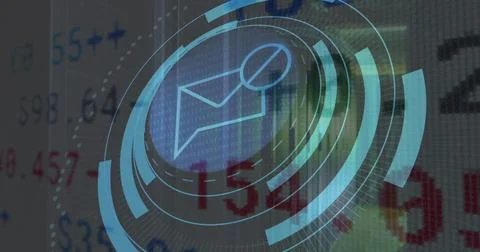 Image of message block icon on round scanner, stock market data processing Illustrazione stock