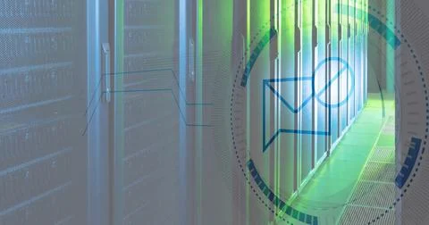 Image of message block icon on round scanner against computer server room Stock Photos