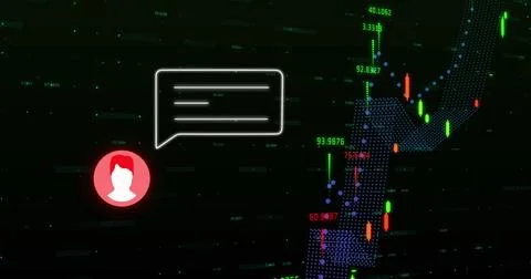 Image of message box and profile icons with graphs and changing numbers ove.. Stock Photos