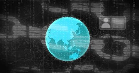 Image of message boxes, binary codes, globe, blockchain and connected dots over Stock Photos