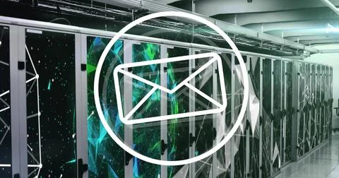 Image of message icon and plexus networks against computer server room Foto stock