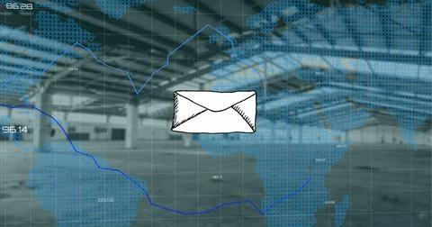 Image of message icon and statistical data processing over world map against Stock Illustration