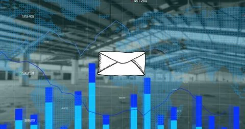 Image of message icon and statistical data processing over world map against Ilustração Stock