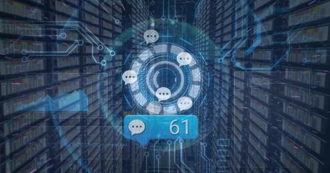 Image of message icon with increasing numbers over round scanner and data Foto stock