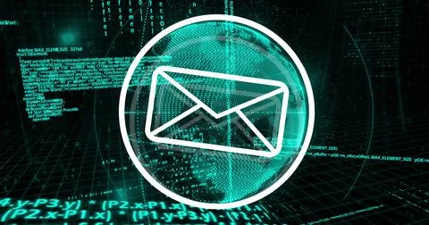 Image of message icon over spinning globe and data processing against black Stock Photos