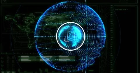 Image of message icon over spinning globe against interface with world map and Stock Photos