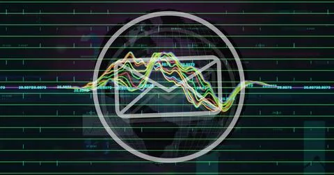 Image of message icon over statistical data processing over spinning globe on Stock Photos
